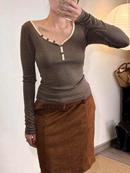 Striped Long-Sleeve Button-Detail Jersey Top