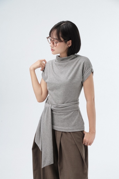 Cowl-Neck Jersey Top with Detachable Tie, image 1
