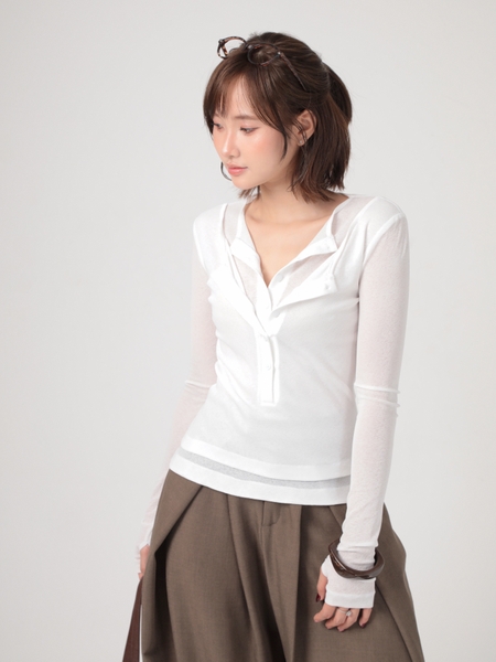 Seleen, Áo thun mỏng tay dài form ôm giả 2 lớp cổ cài, WT0275
