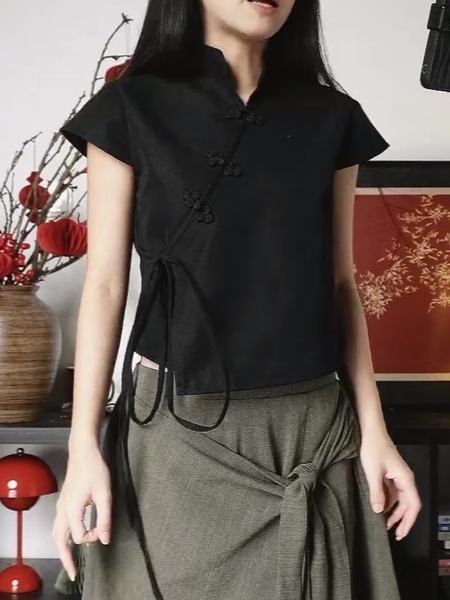 Cropped Mandarin-Collar Tie Top, image 12