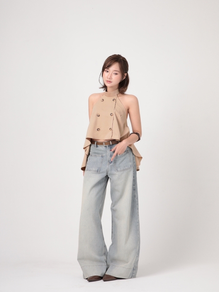 Seleen, Áo cổ yếm form rộng xòe hở lưng ci tiết 2 hàng nút, WT0273