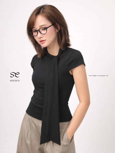 Short-Sleeve Tie-Neck Jersey Top, image 1