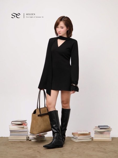 V-Neck Tie-Detail Long-Sleeve Mini Dress