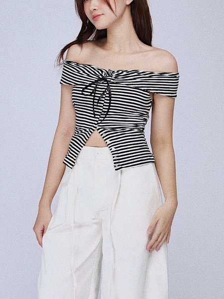 Striped Off-the-Shoulder Bow Top