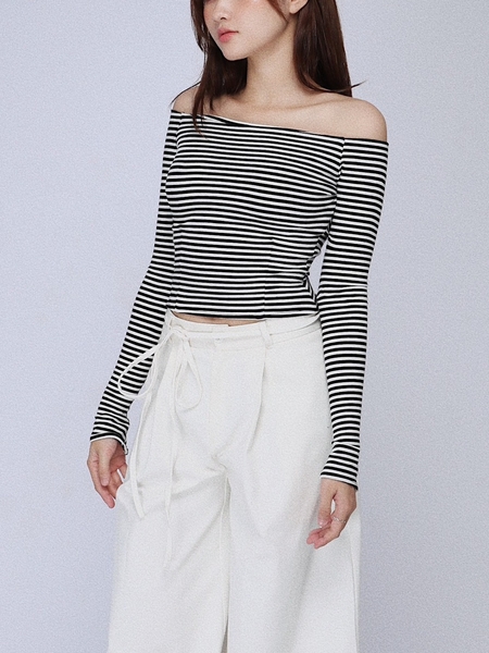 Striped Off-the-Shoulder Long-Sleeve Top