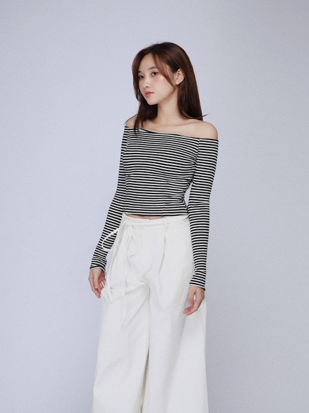 Striped Off-the-Shoulder Long-Sleeve Top, image 3