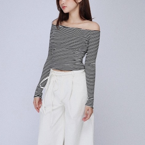 Striped Off-the-Shoulder Long-Sleeve Top, image 5
