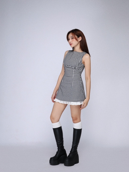 Checked Boat-Neck Mini Dress with Pleated Hem, image 7