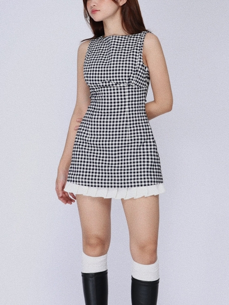 Checked Boat-Neck Mini Dress with Pleated Hem, image 1