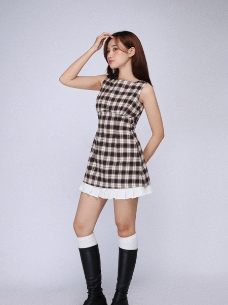 Checked Boat-Neck Mini Dress with Pleated Hem, image 2