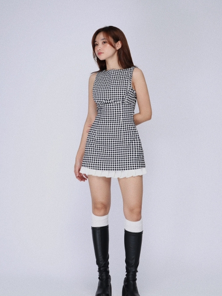 Checked Boat-Neck Mini Dress with Pleated Hem, image 5