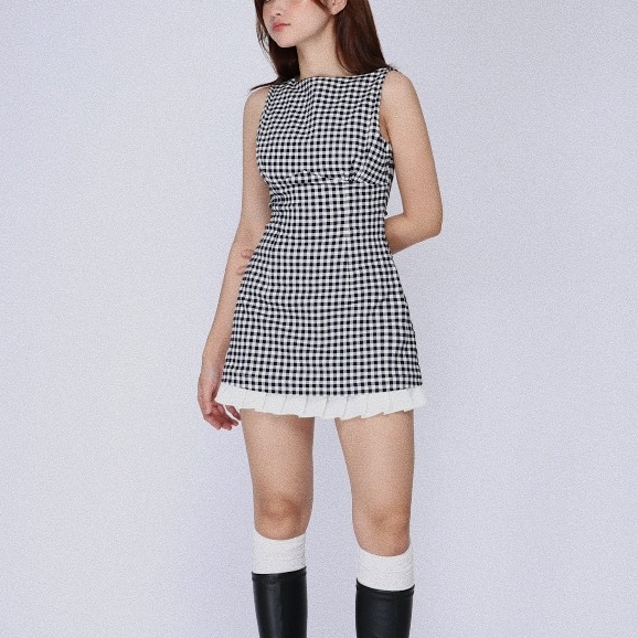 Checked Boat-Neck Mini Dress with Pleated Hem, image 11