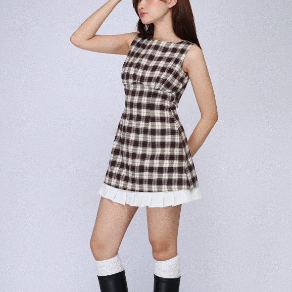 Checked Boat-Neck Mini Dress with Pleated Hem, image 15