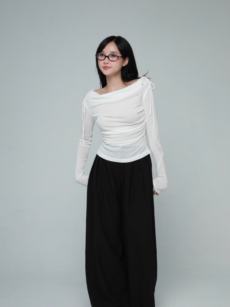 Sheer Cowl-Neck Top with Shoulder Bows, image 3