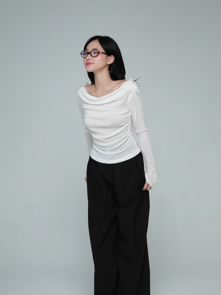 Sheer Cowl-Neck Top with Shoulder Bows, image 5