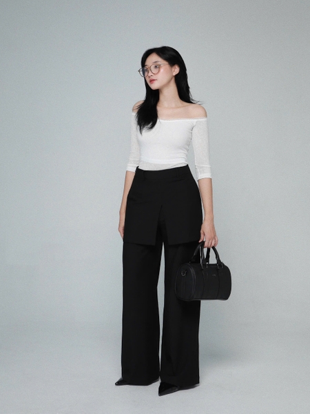 High-Waisted Trousers with Attached Skirt Panel, image 3