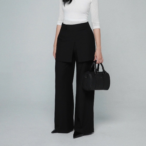 High-Waisted Trousers with Attached Skirt Panel, image 8