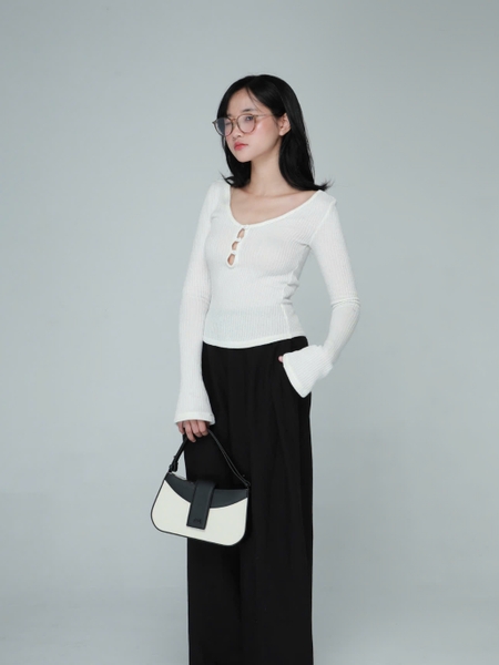 V-Neck Rib-Knit Top with Flared Sleeves, image 4
