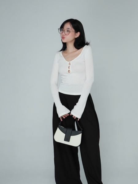 V-Neck Rib-Knit Top with Flared Sleeves, image 6