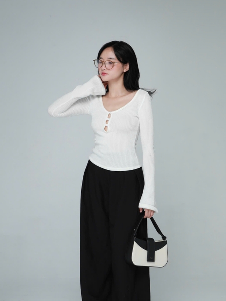 V-Neck Rib-Knit Top with Flared Sleeves, image 7
