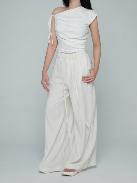 High-Waisted Linen Bamboo Trousers with Tie, image 5