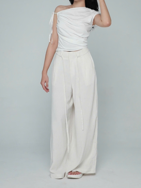High-Waisted Linen Bamboo Trousers with Tie, image 4