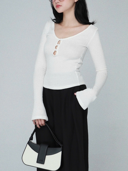 V-Neck Rib-Knit Top with Flared Sleeves, image 1