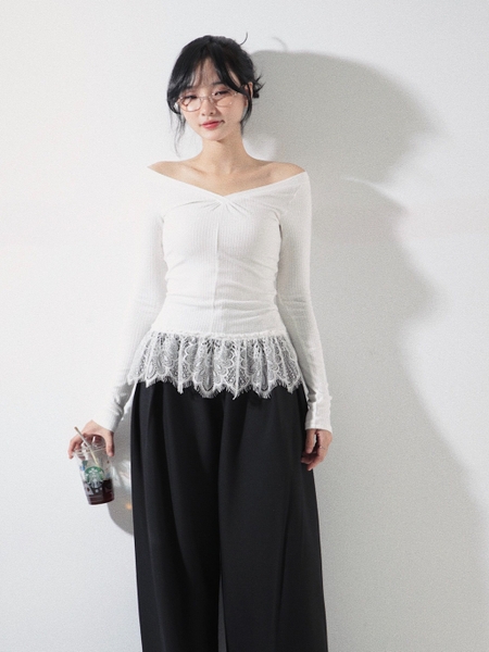 Lace-Hem V-Neck Top, image 1