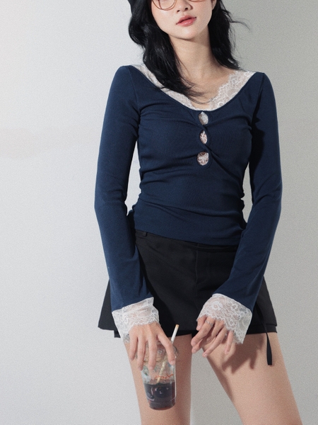 Lace-Trim V-Neck Top, image 3
