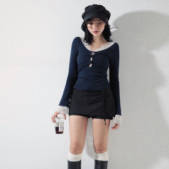 Lace-Trim V-Neck Top, image 9