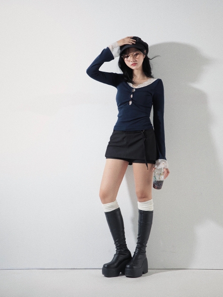 Lace-Trim V-Neck Top, image 6