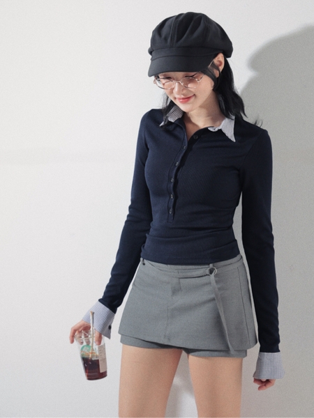 Long-Sleeve Collared Button Top