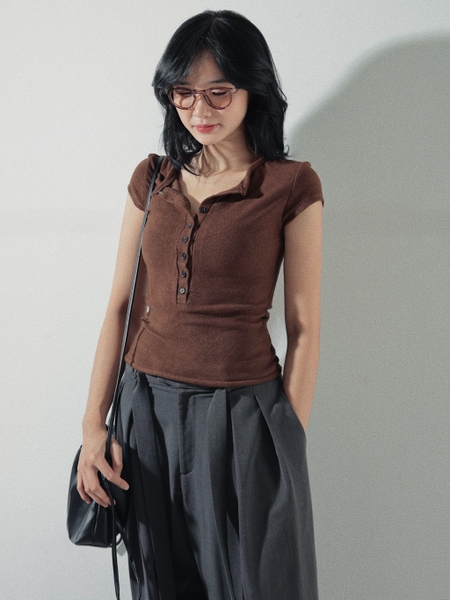 Short-Sleeve Button Knit Top