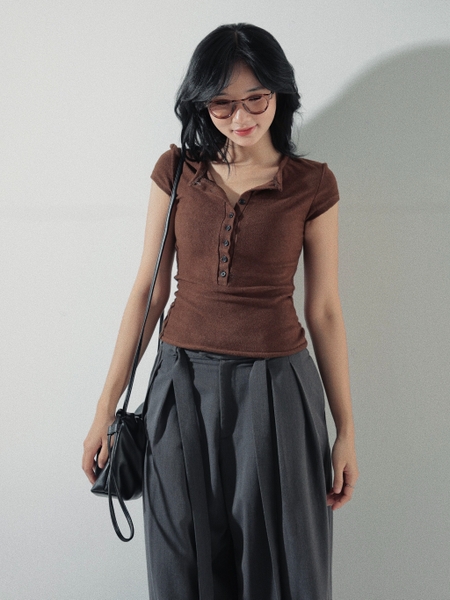 Short-Sleeve Button Knit Top, image 5