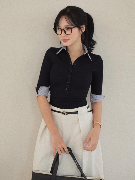 Collared Elbow-Sleeve Button Top, image 1