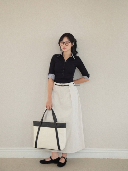Collared Elbow-Sleeve Button Top, image 4