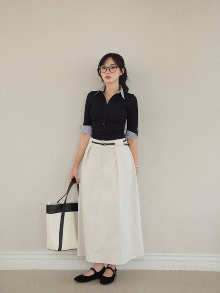 Collared Elbow-Sleeve Button Top, image 3