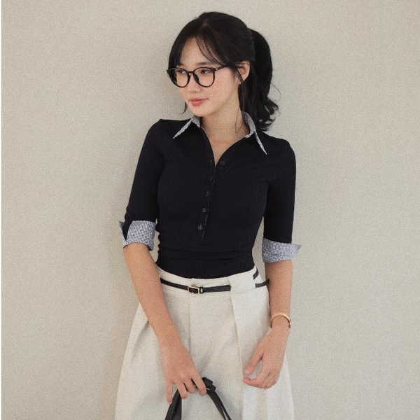 Collared Elbow-Sleeve Button Top, image 11