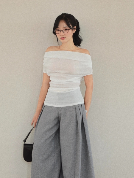 Sheer Off-the-Shoulder Draped-Back Top