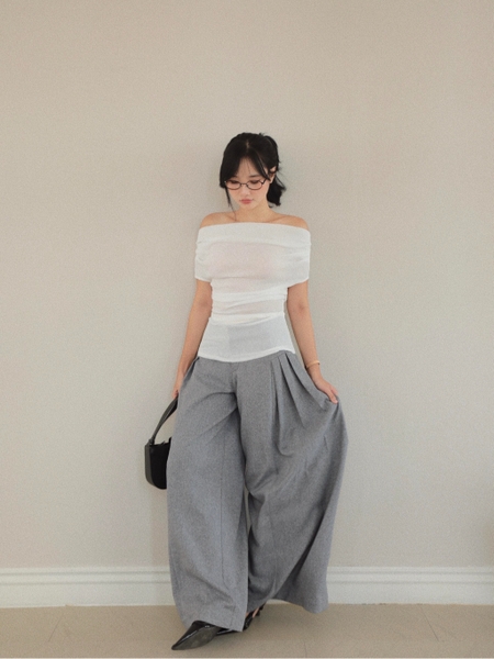 Sheer Off-the-Shoulder Draped-Back Top, image 9