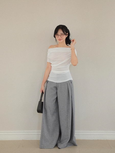 Sheer Off-the-Shoulder Draped-Back Top, image 7