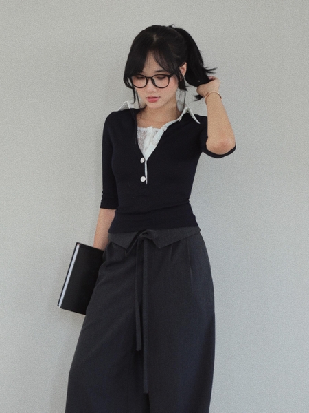 Lace-Trim Collared Elbow-Sleeve Top, image 1