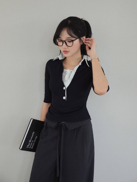Lace-Trim Collared Elbow-Sleeve Top, image 3