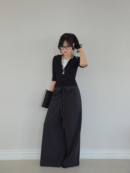 Lace-Trim Collared Elbow-Sleeve Top, image 7