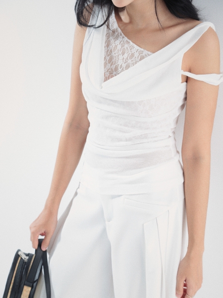 Lace-Trim Cowl-Neck Sleeveless Top, image 4