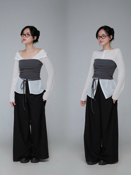 Sheer Buttoned Top and Bow Bandeau Set, image 1