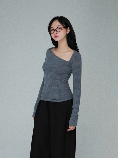Fitted Asymmetric-Neck Long-Sleeve Top