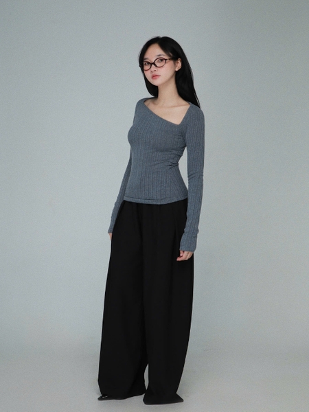 Fitted Asymmetric-Neck Long-Sleeve Top, image 3