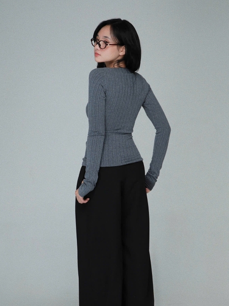 Fitted Asymmetric-Neck Long-Sleeve Top, image 5