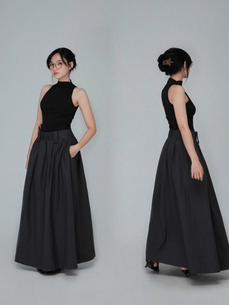 Grey Flared Maxi Skirt with Side Buttons, image 1